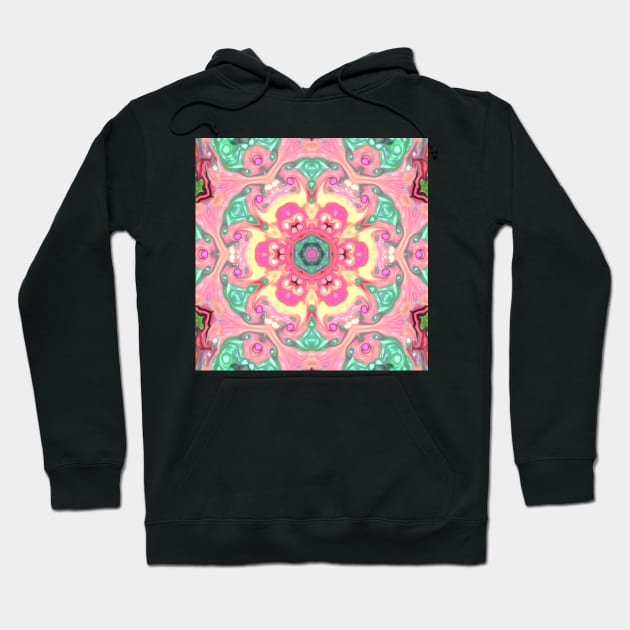 Psychedelic Mandala Flower Green Pink and Yellow Hoodie by WormholeOrbital